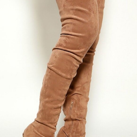 Taupe Suede Pointy Toe High Heel Thigh High Boots - Picture 5 of 9